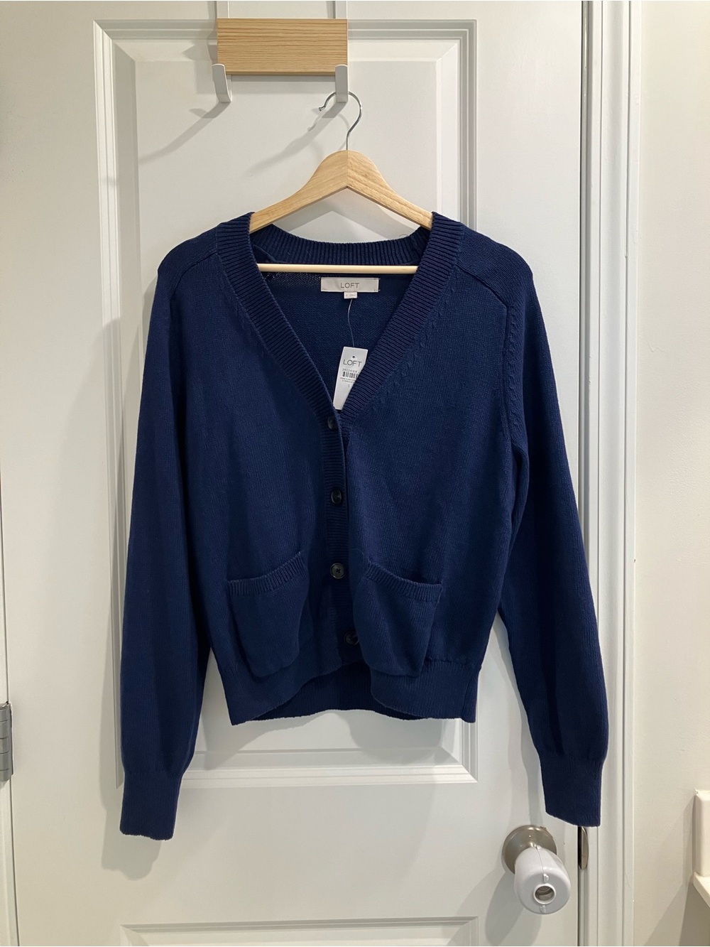 LOFT Navy Blue V-Neck Button Front Cotton Cardigan